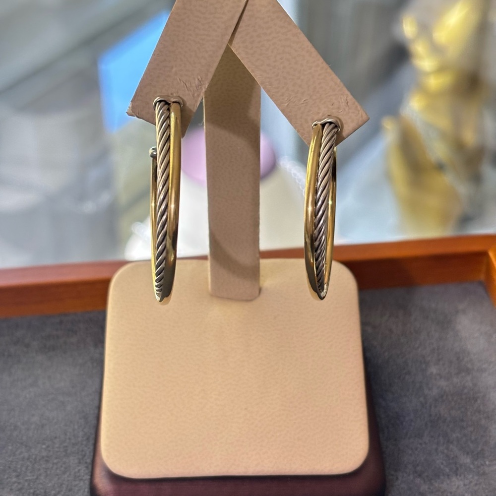 David Yurman 925 & 18k Gold Crossover Cable Hoop Earrings 1.75" - Picture 8 of 8